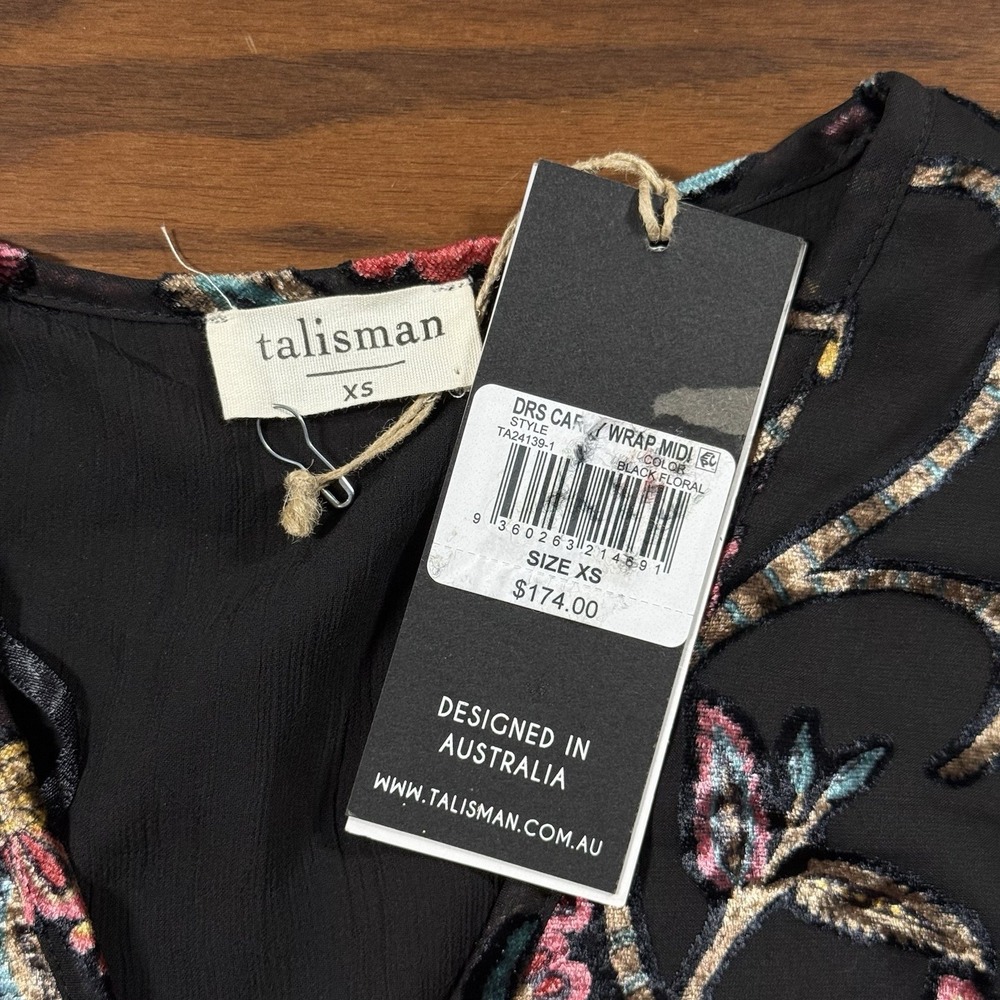 Talisman Women's Size XS Black Floral Velvet Chiffon Carly Wrap Midi‎ Dress - Picture 7 of 12